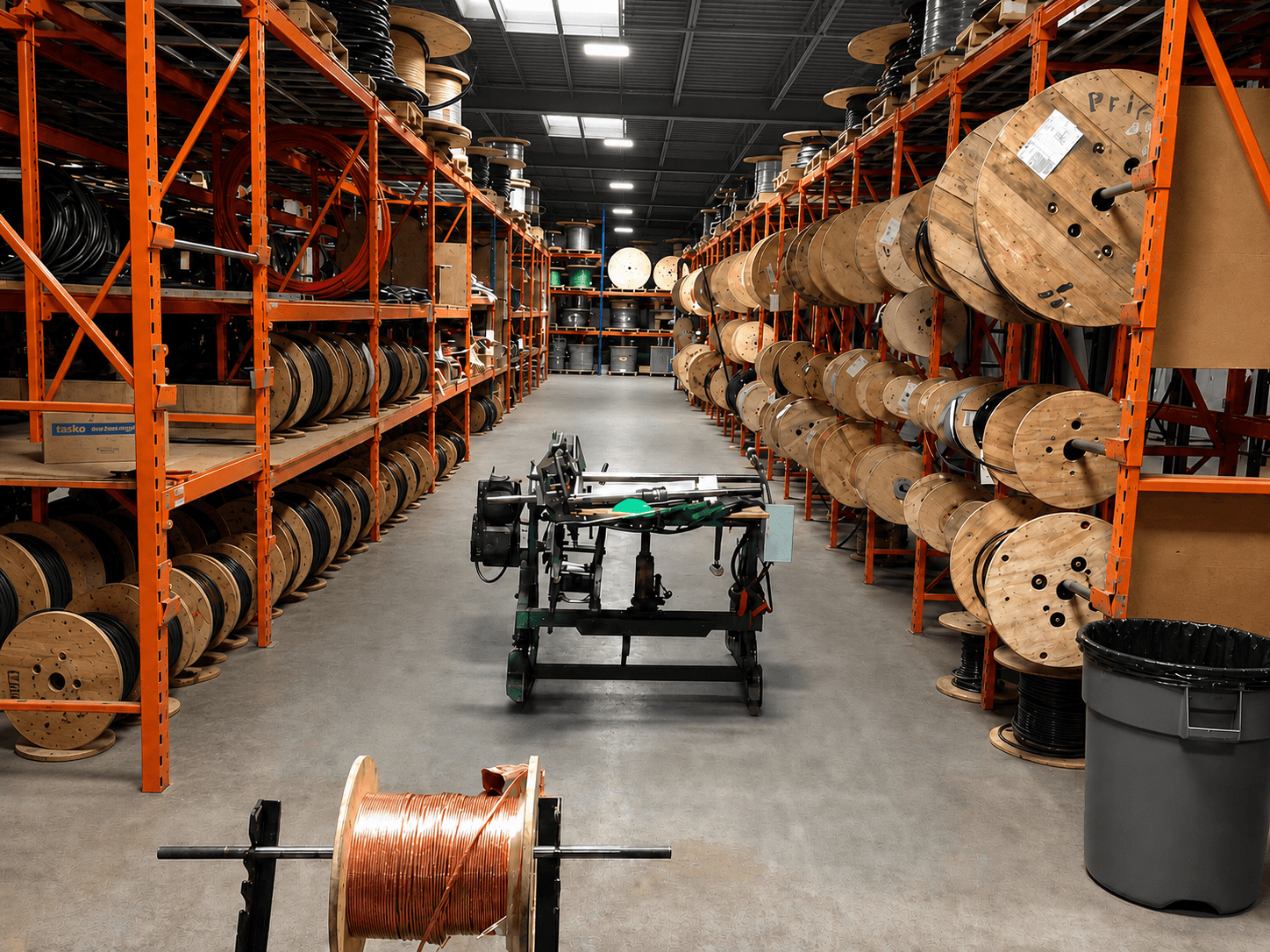 Wire department aisle with copper spool staged at the cutting bench and reels racked along the aisle